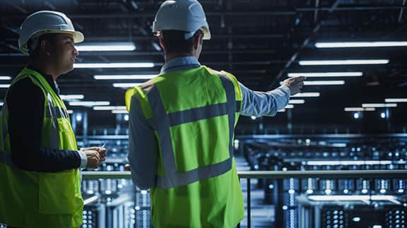 Two men wearing hard hats stand in a spacious room, discussing plans amidst construction materials and equipment.